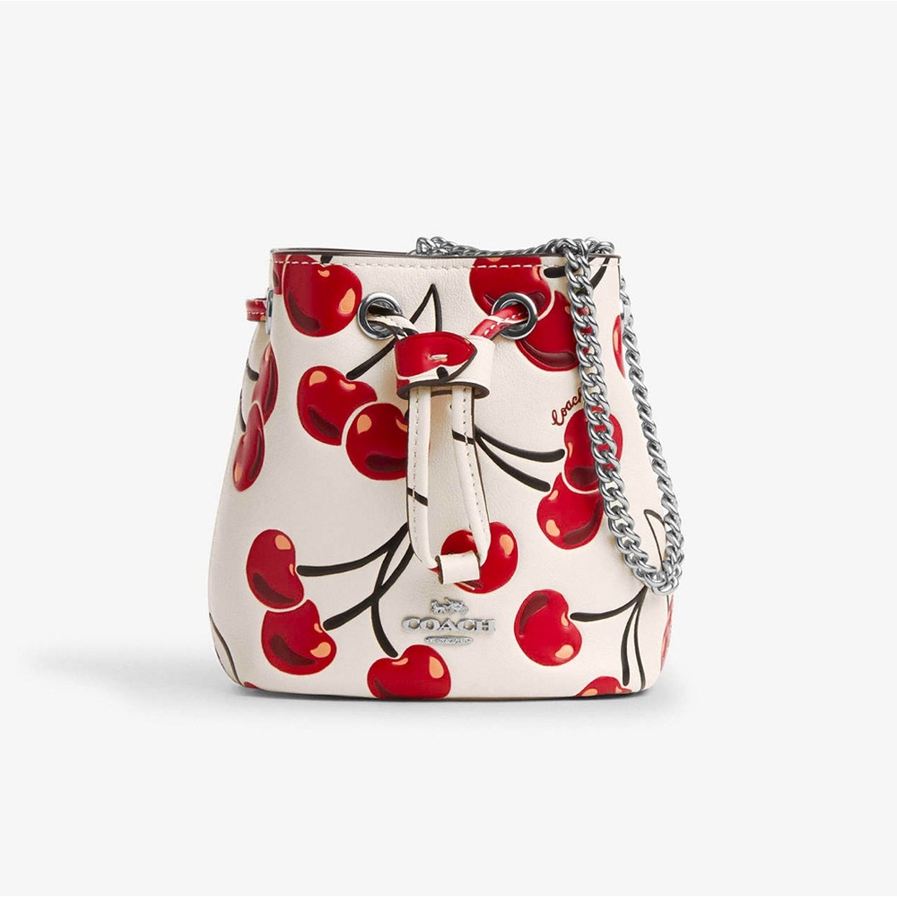 Coach Drawstring Wristlet With Cherry Print - Novelty Leather/Silver/Chalk Multi